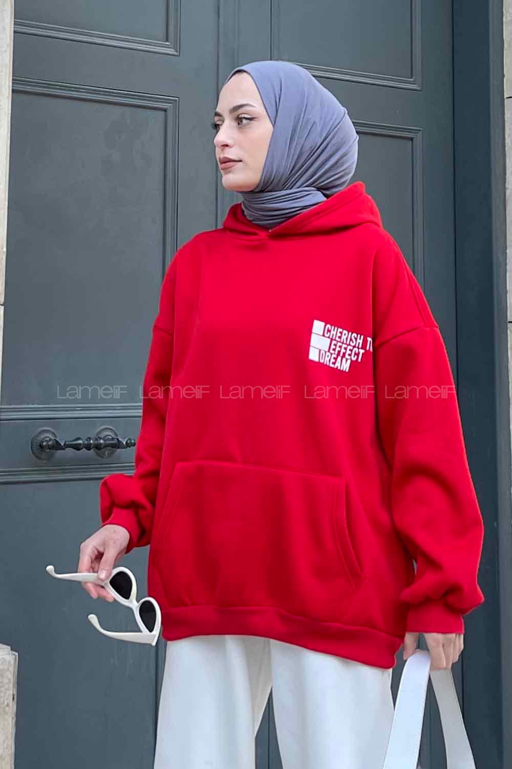 Red Hood Neck Long Arm Printed Sweatshirt