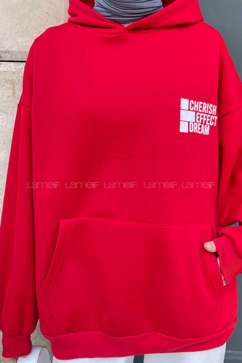 Red Hood Neck Long Arm Printed Sweatshirt