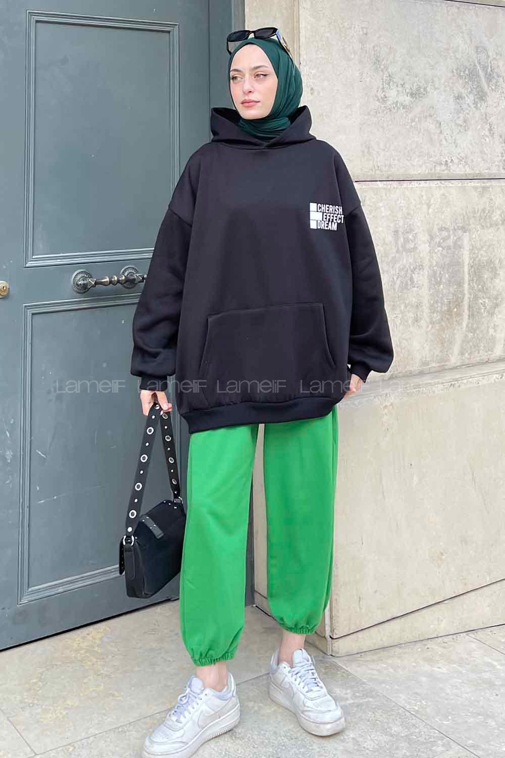 Black Hood Neck Long Arm Printed Sweatshirt