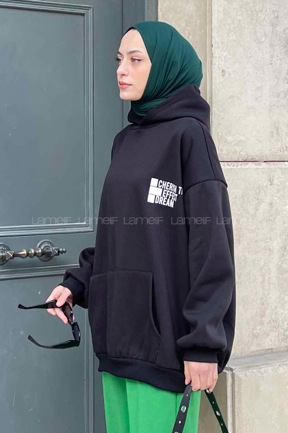 Black Hood Neck Long Arm Printed Sweatshirt
