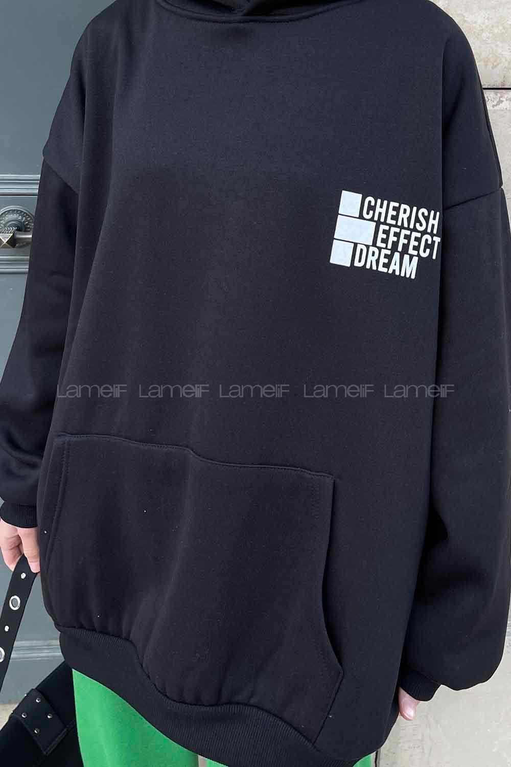 Black Hood Neck Long Arm Printed Sweatshirt