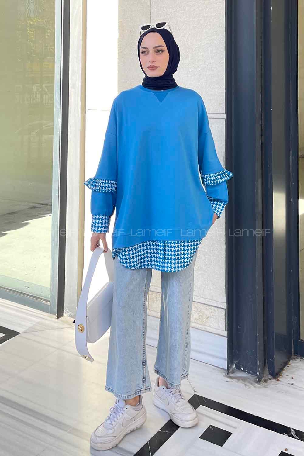 Blue Medium Crew Neck Cotton Fabric Unprinted Tunic