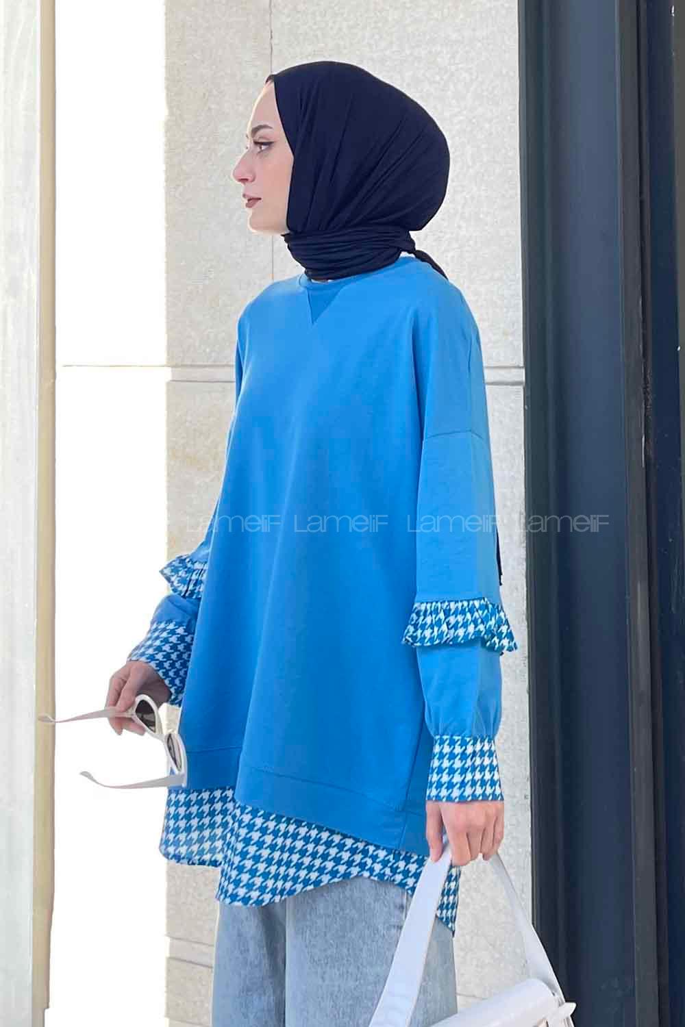 Blue Medium Crew Neck Cotton Fabric Unprinted Tunic