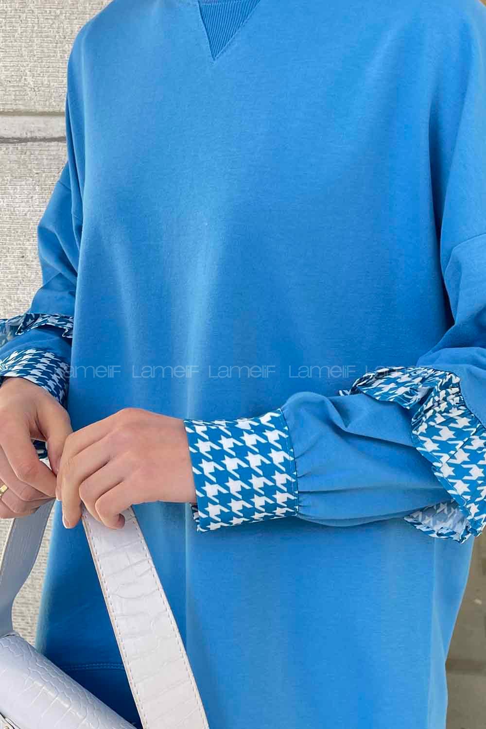 Blue Medium Crew Neck Cotton Fabric Unprinted Tunic