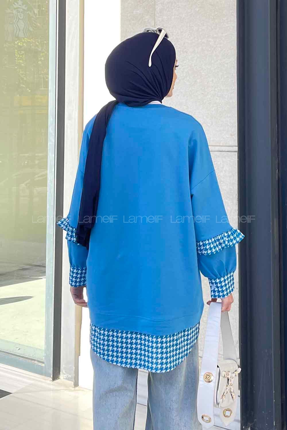 Blue Medium Crew Neck Cotton Fabric Unprinted Tunic