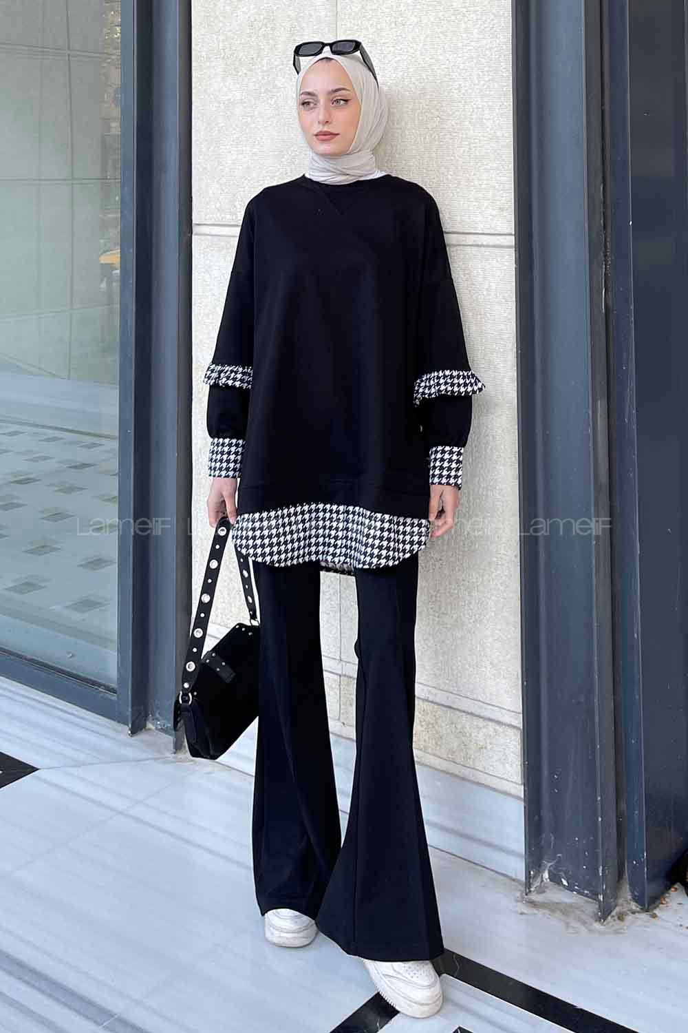 Black Medium Crew Neck Cotton Fabric Unprinted Tunic