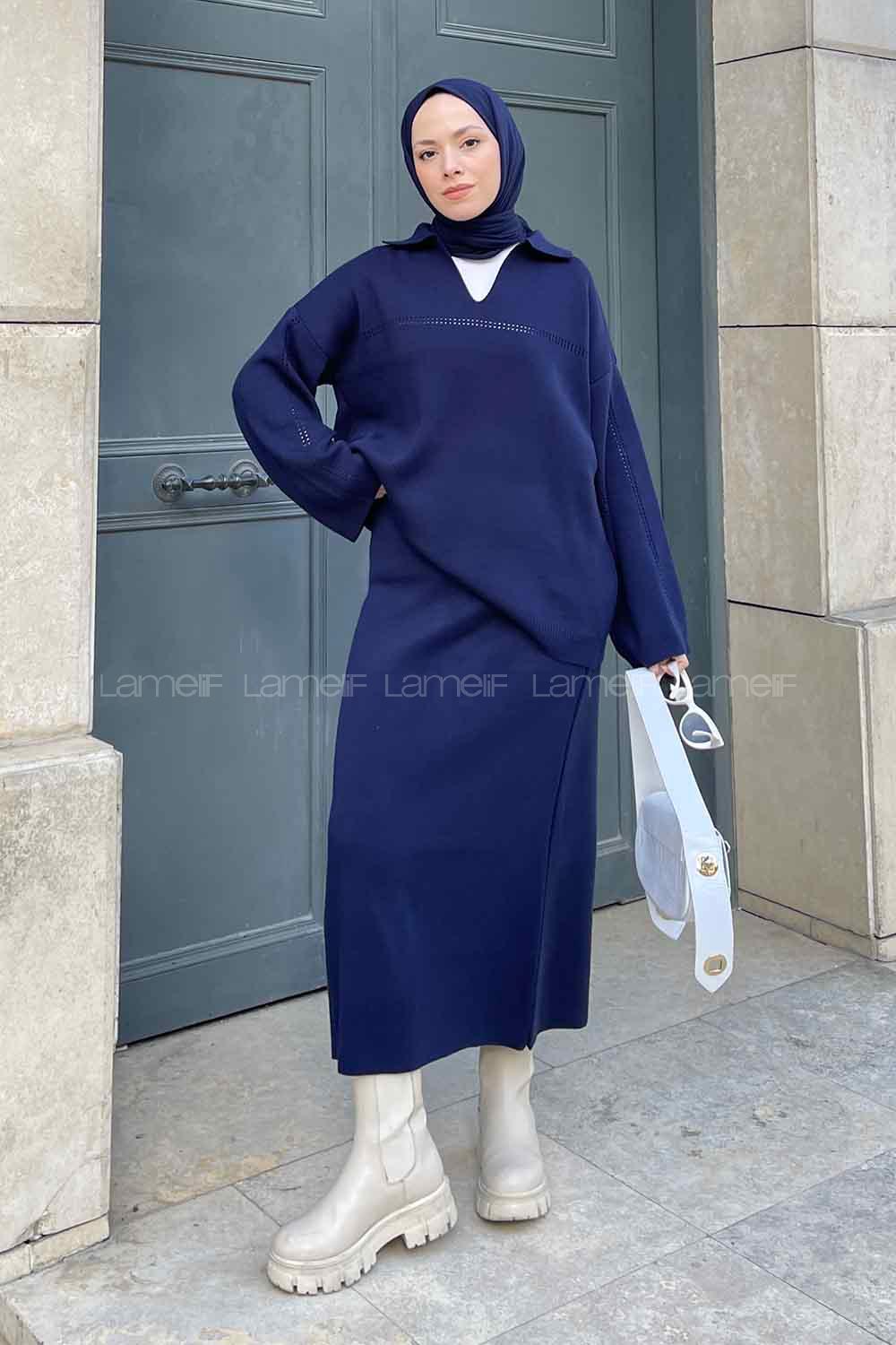 Navy Blue Polo Neck Collar Long Arm Knitwear Straight Skirt Suit