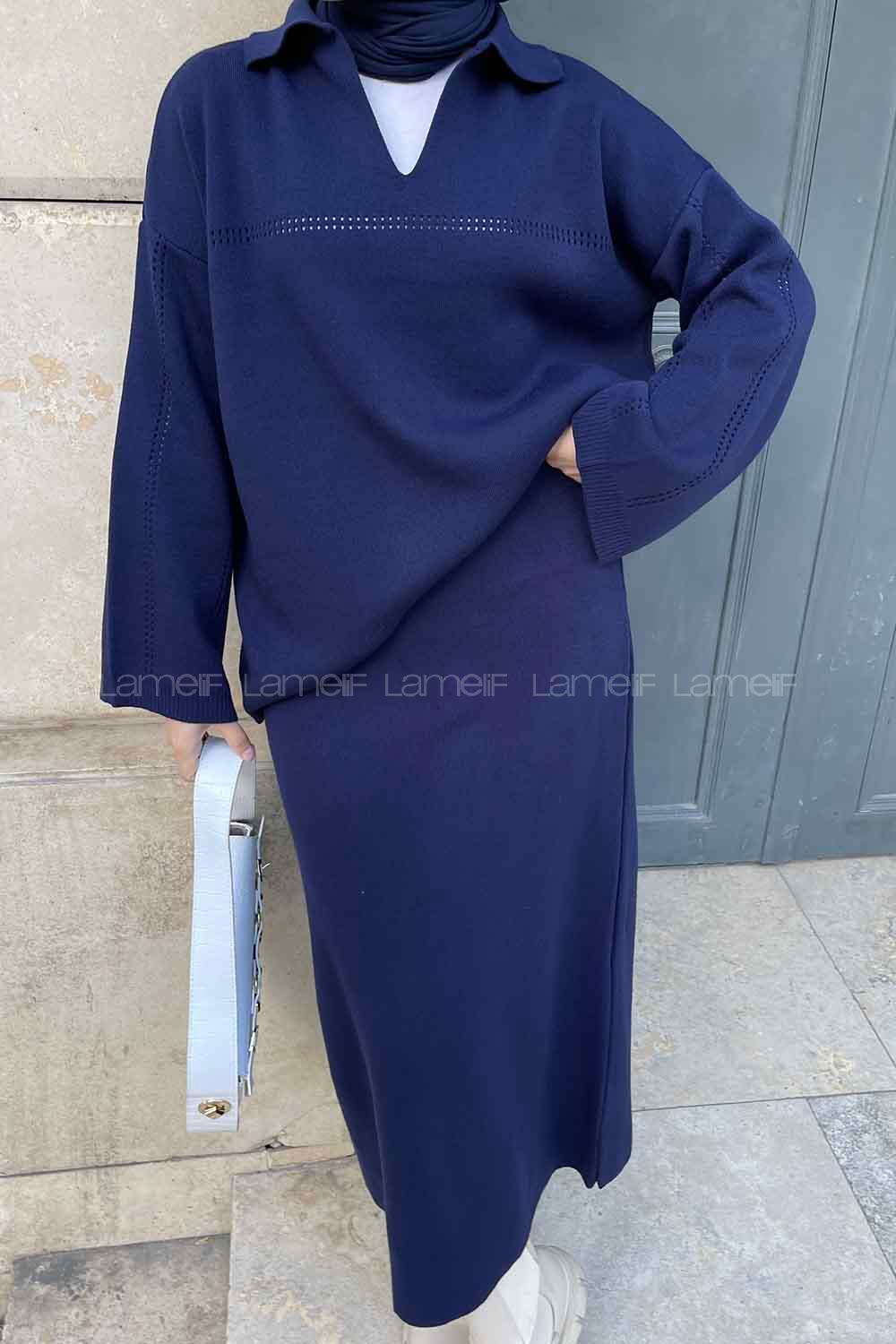 Navy Blue Polo Neck Collar Long Arm Knitwear Straight Skirt Suit