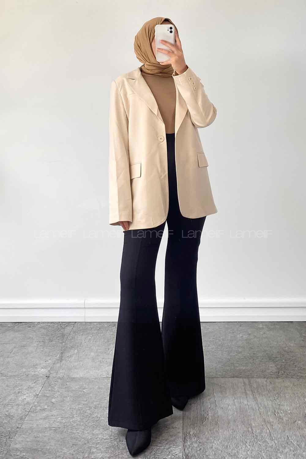 Cream Lower V Neck Long Arm Cotton Fabric Jacket