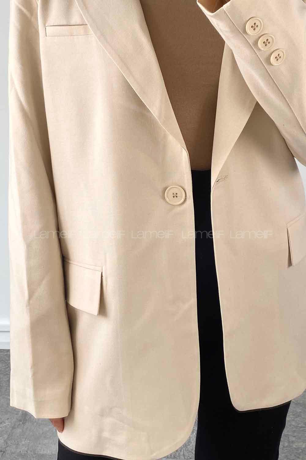 Cream Lower V Neck Long Arm Cotton Fabric Jacket