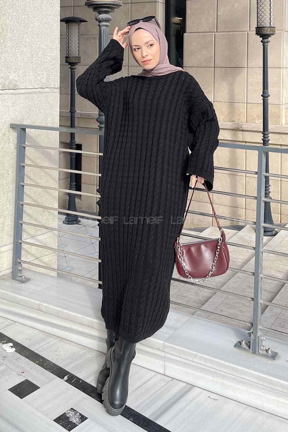 Black Medium Crew Neck Knitwear Dresess