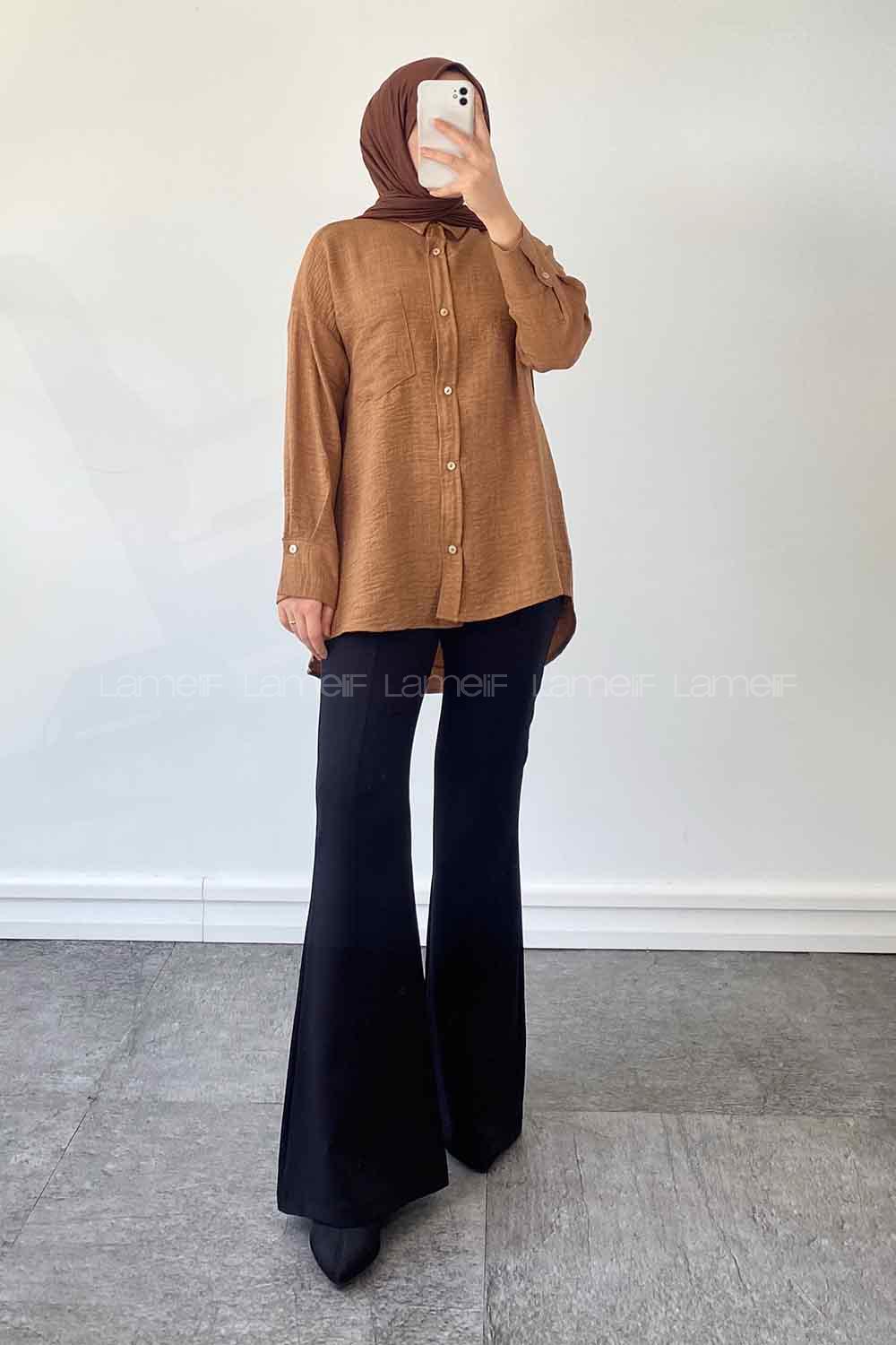 Brown Shirt Collar Long Arm Cotton Unprinted Shirt