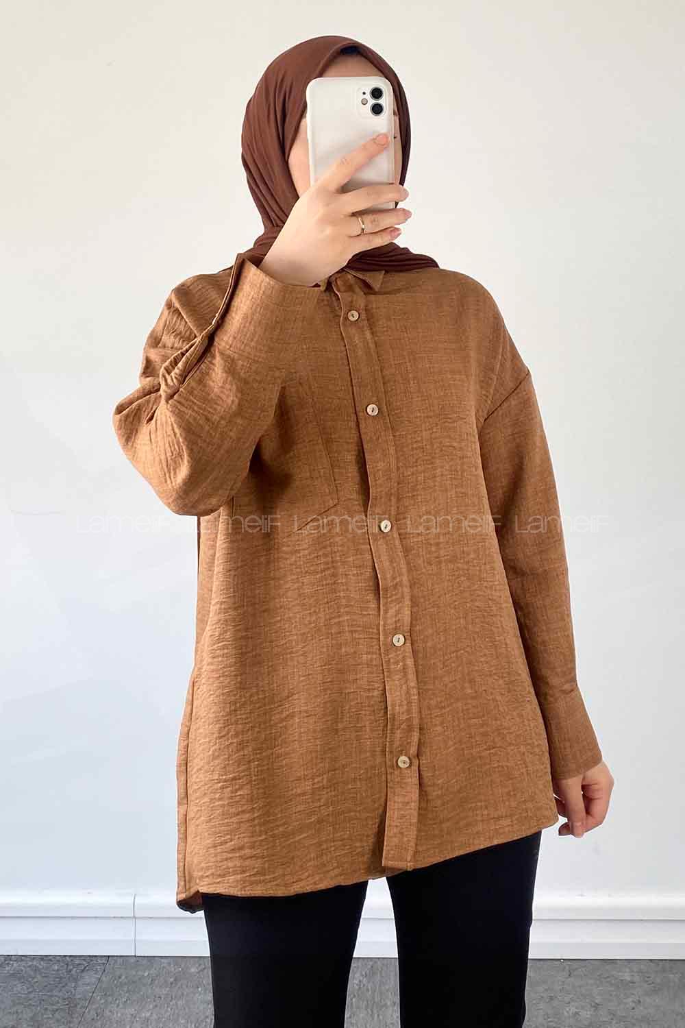 Brown Shirt Collar Long Arm Cotton Unprinted Shirt