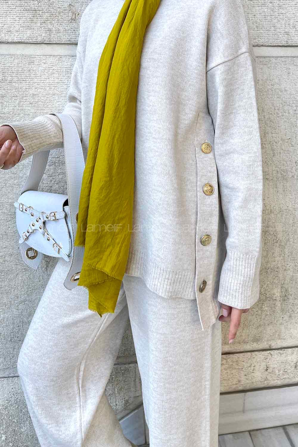 Lamelif Yanlar Düğmeli Tesettür Takım Ekru