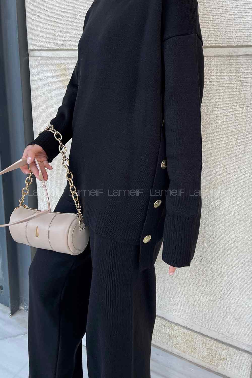 Lamelif Yanlar Düğmeli Tesettür Takım Siyah