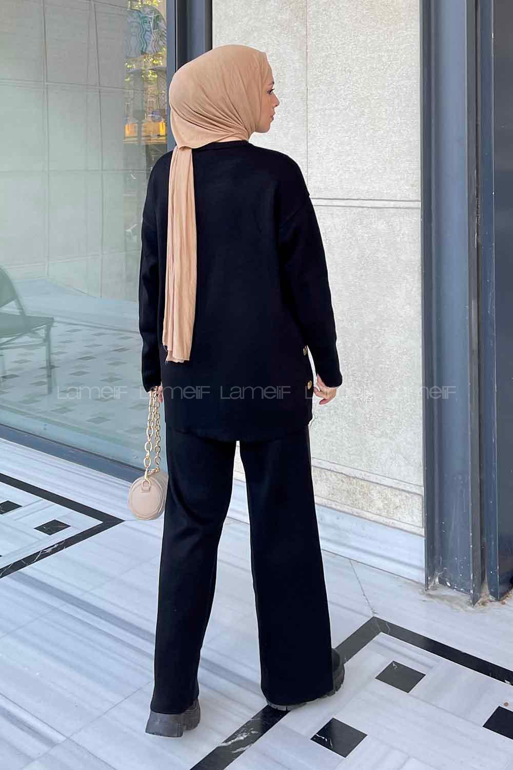 Lamelif Yanlar Düğmeli Tesettür Takım Siyah