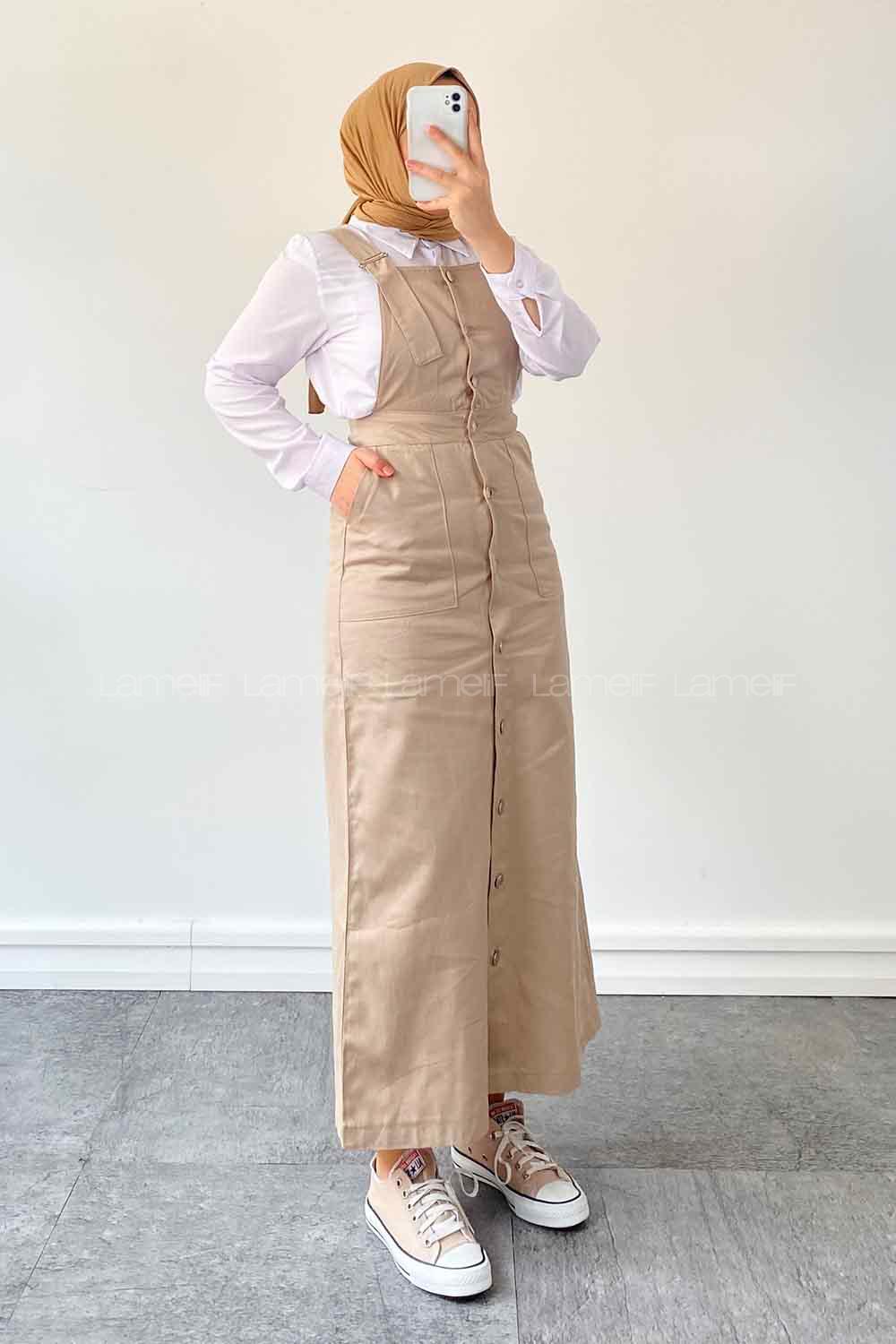 Beige Pool Neck Linen Unprinted Overalls