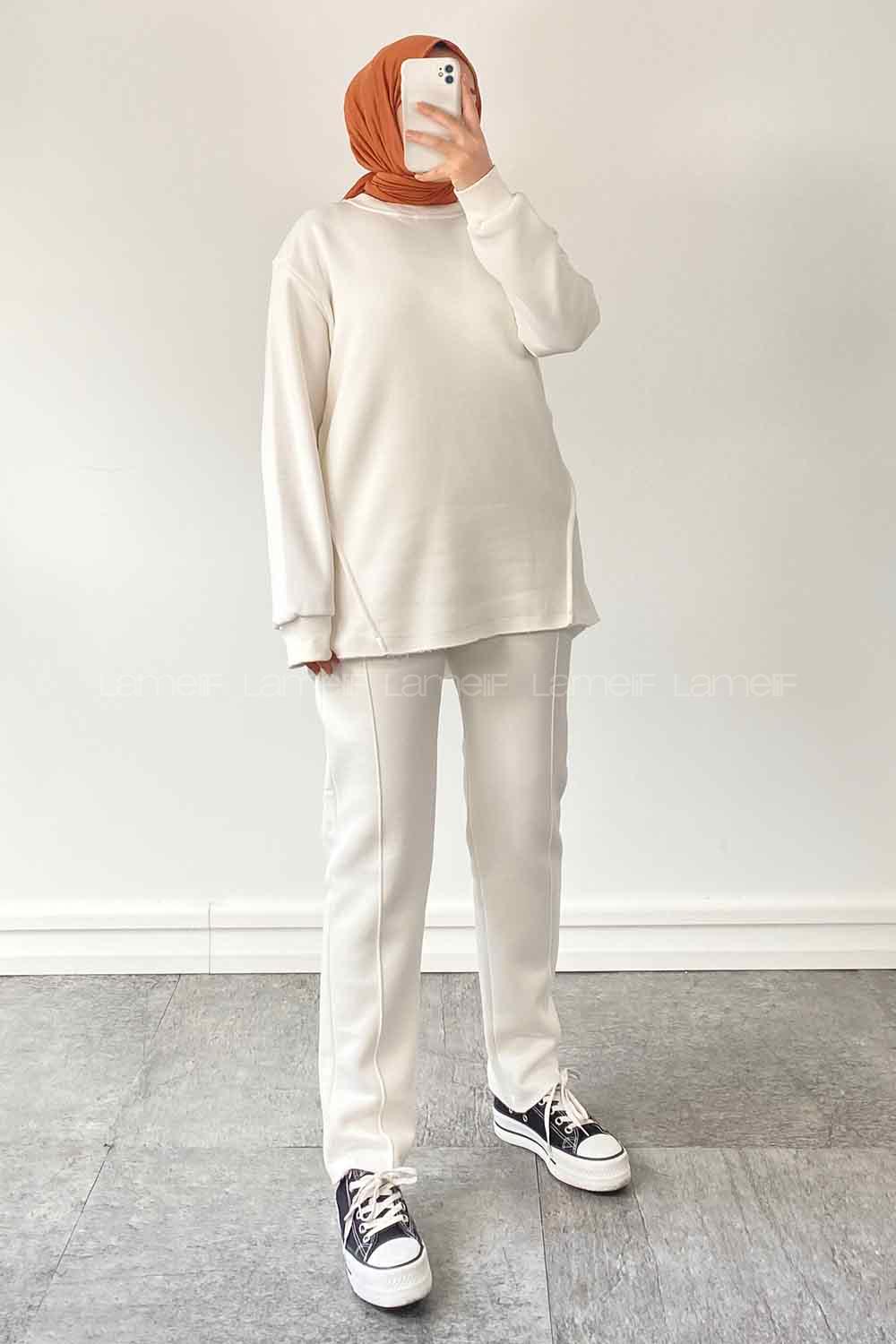 White Medium Crew Neck Long Arm Cotton Fabric Regular Trousers Comfortable Suit