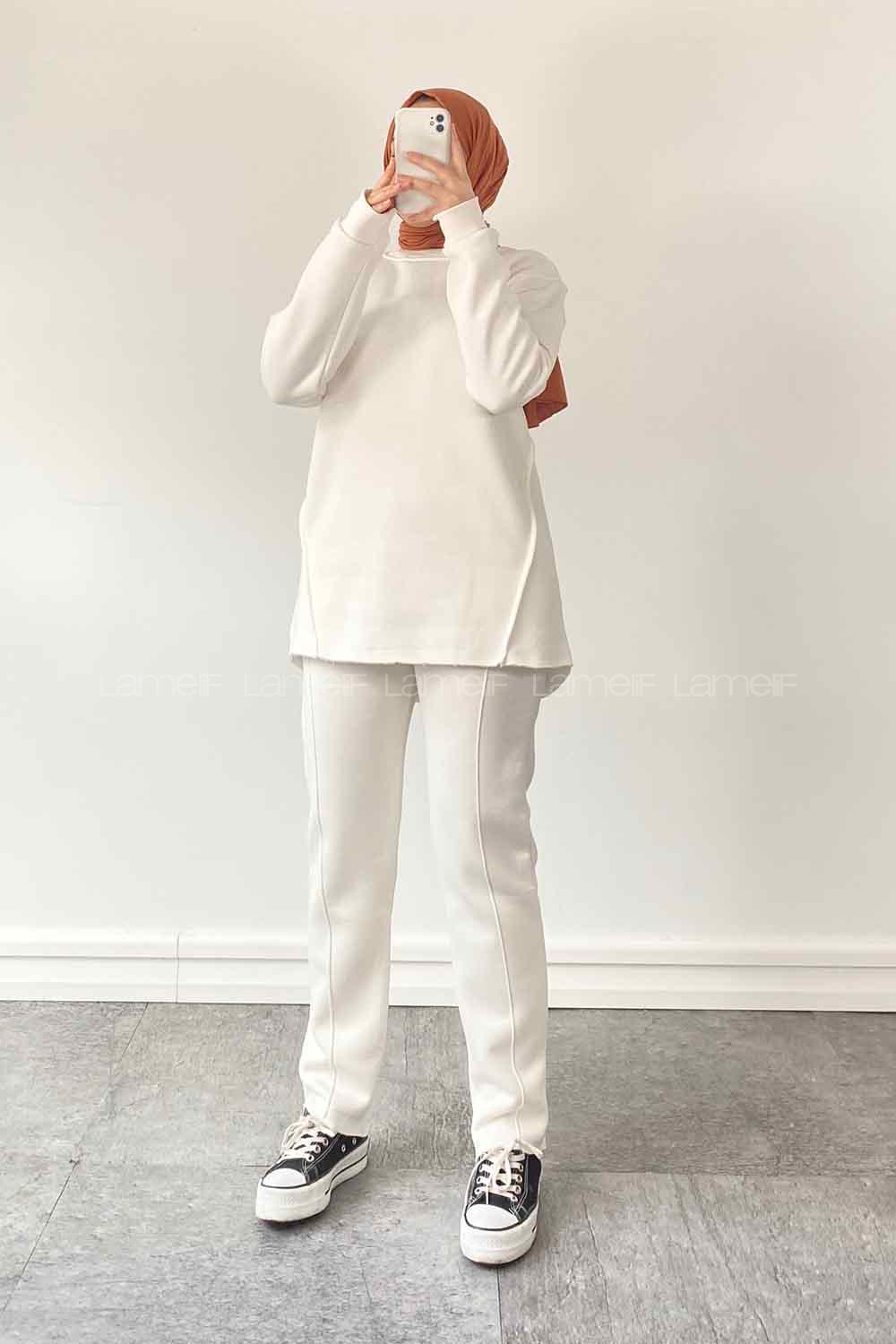 White Medium Crew Neck Long Arm Cotton Fabric Regular Trousers Comfortable Suit