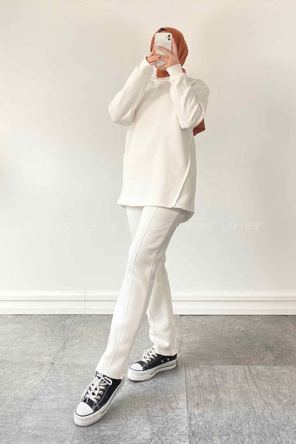 White Medium Crew Neck Long Arm Cotton Fabric Regular Trousers Comfortable Suit
