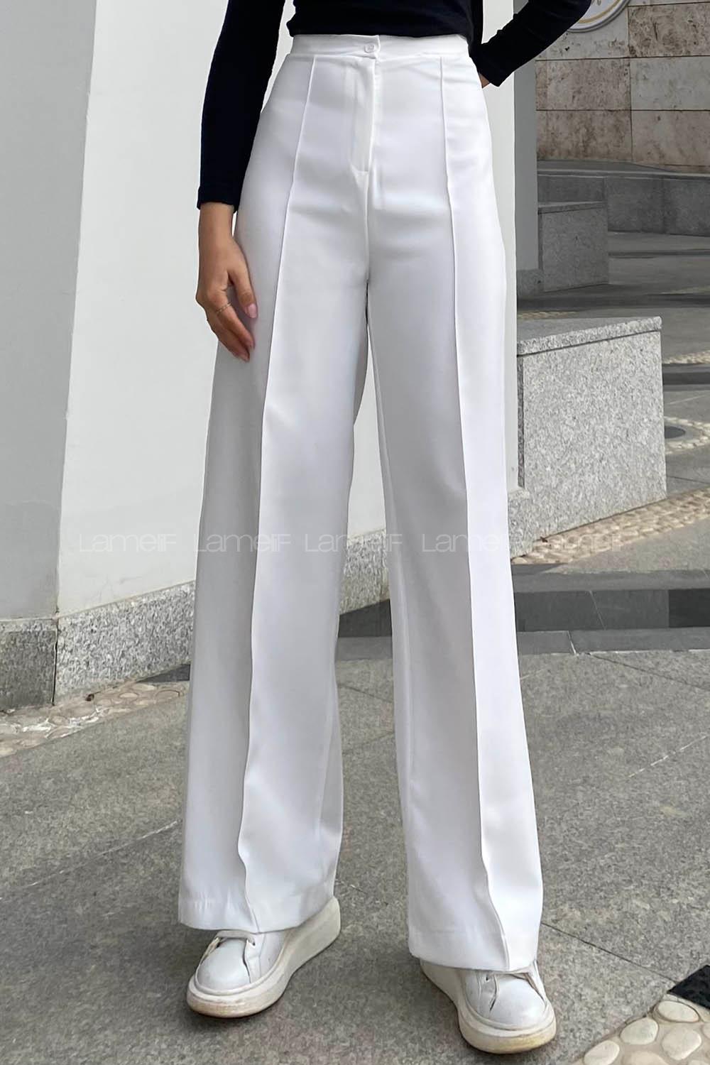 Lamelif Çımalı Bol Paça Pantolon Beyaz