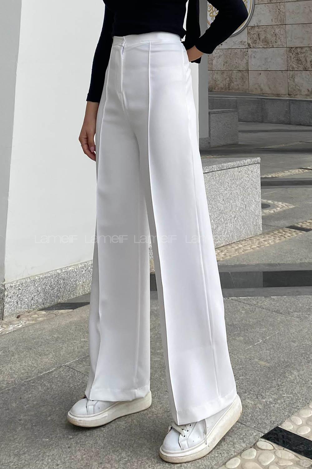 Lamelif Çımalı Bol Paça Pantolon Beyaz
