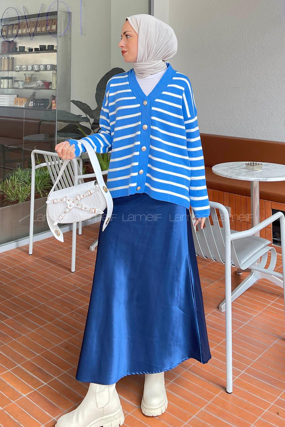 Lamelif  Aliisha Çizgili Triko Kazak Açık Mavi
