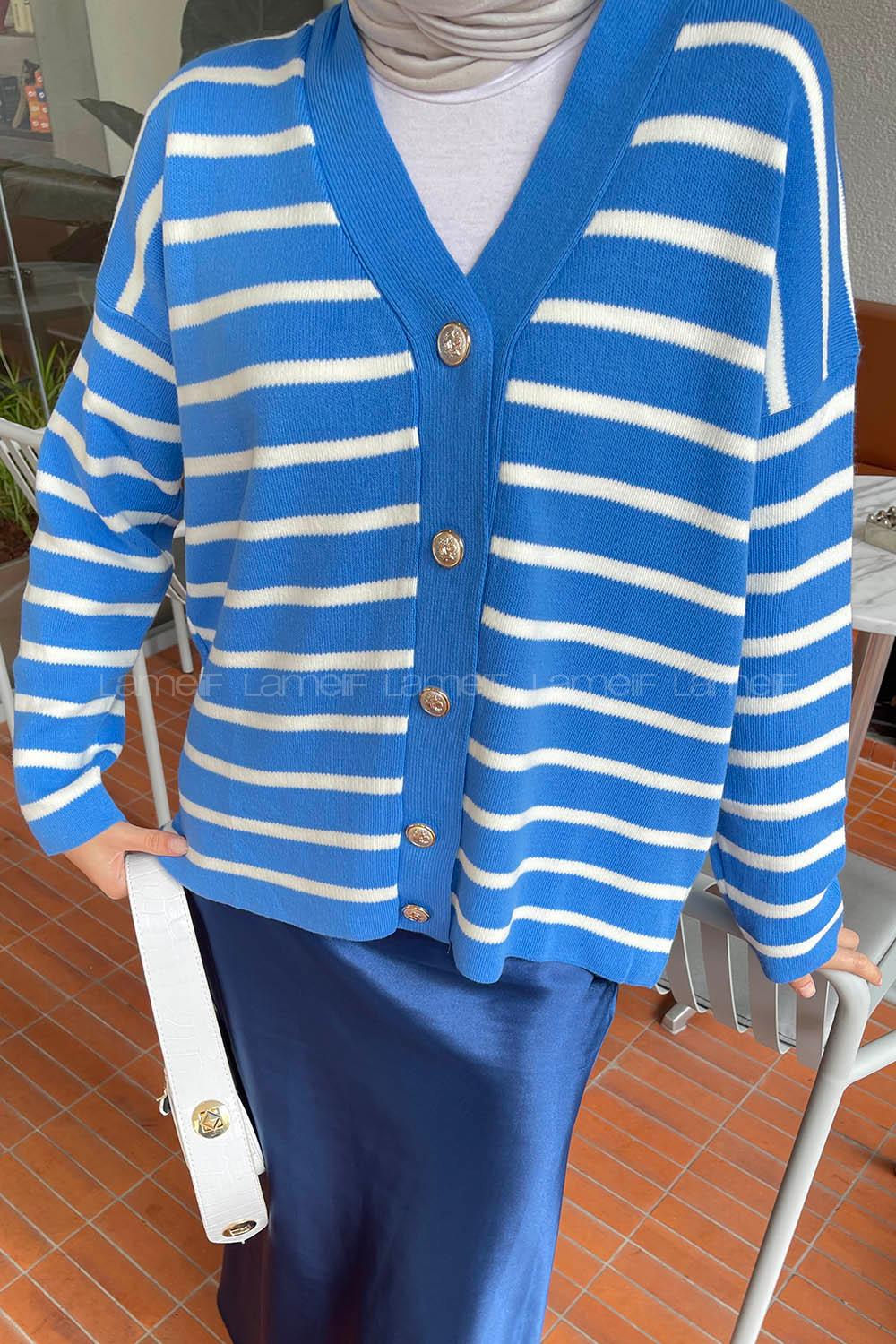 Lamelif  Aliisha Çizgili Triko Kazak Açık Mavi