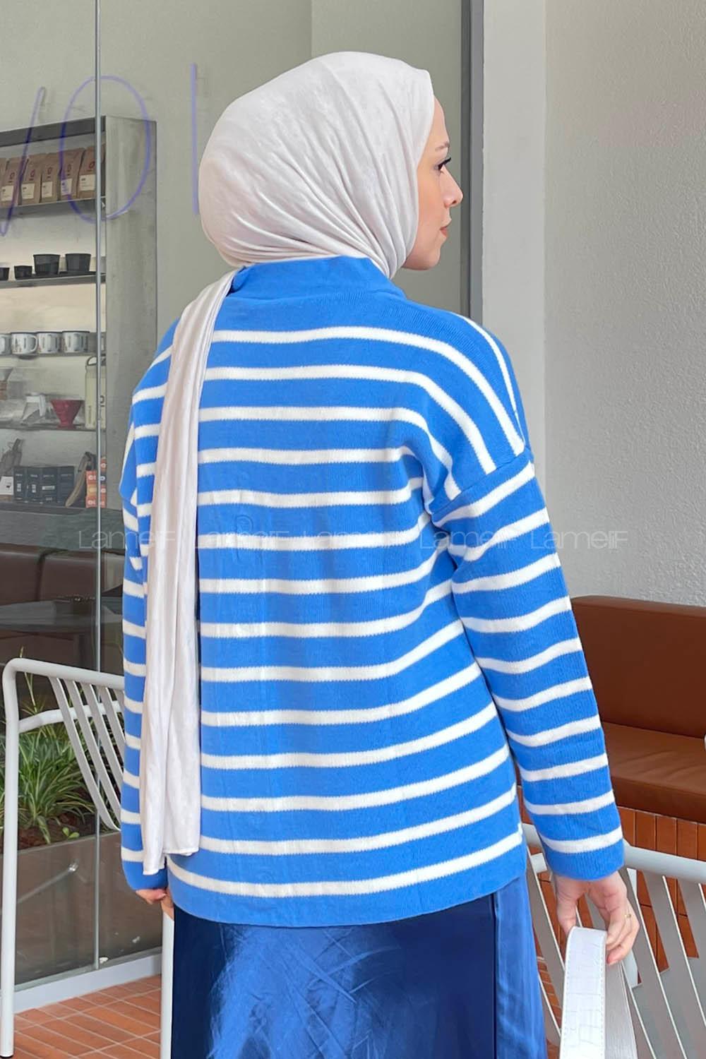 Lamelif  Aliisha Çizgili Triko Kazak Açık Mavi