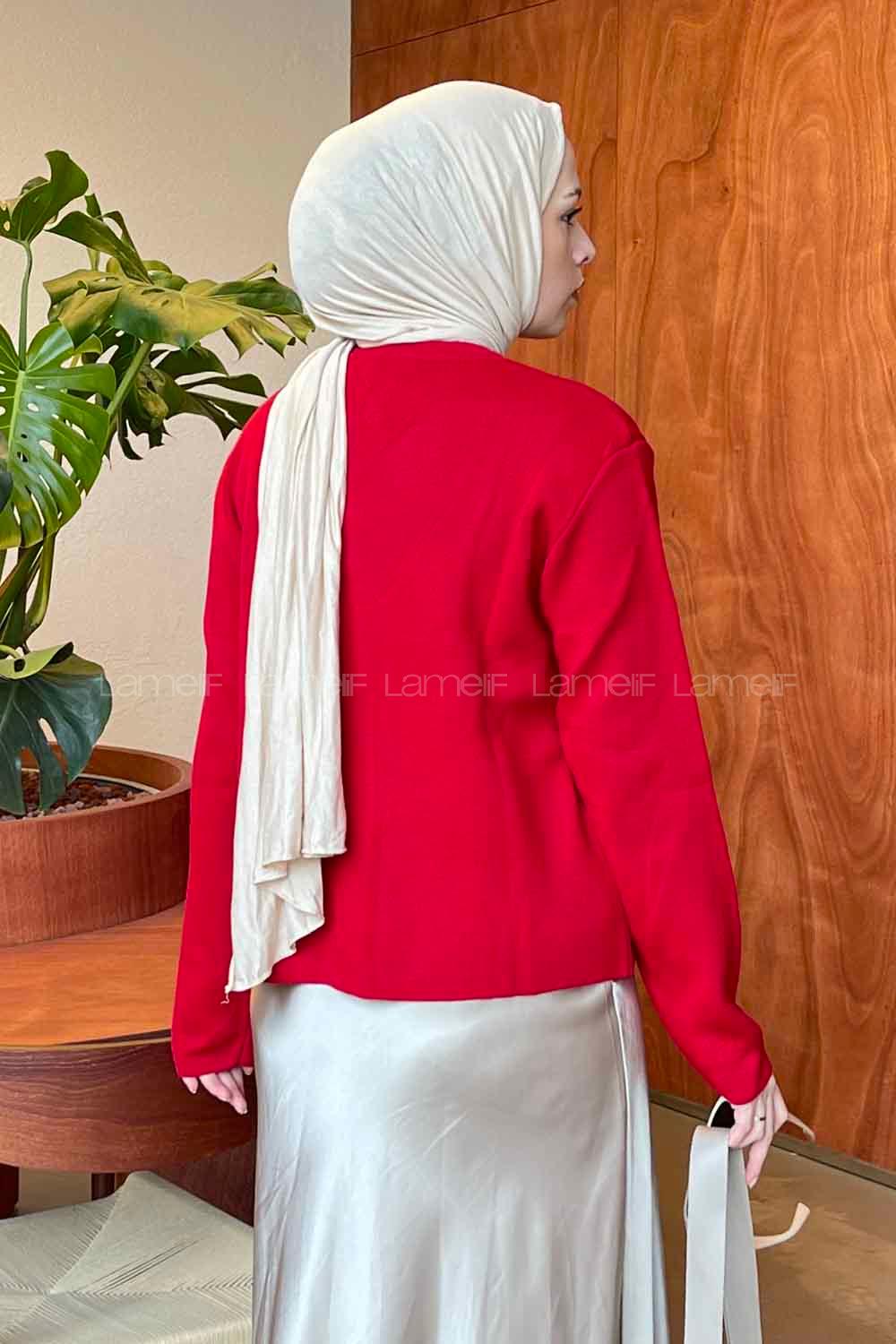 Lamelif Gold Düğmeli Kısa Hırka  Kırmızı