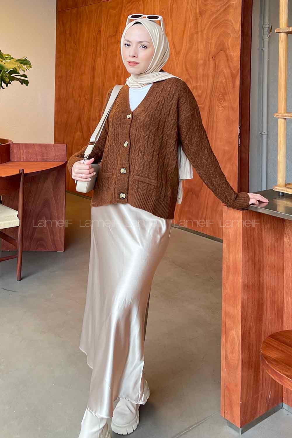 Lamelif Örgü Detaylı Hırka Acı Kahve