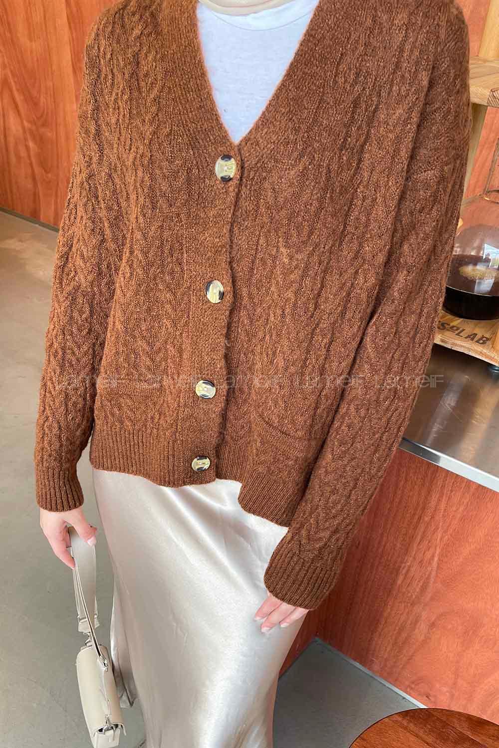 Lamelif Örgü Detaylı Hırka Acı Kahve