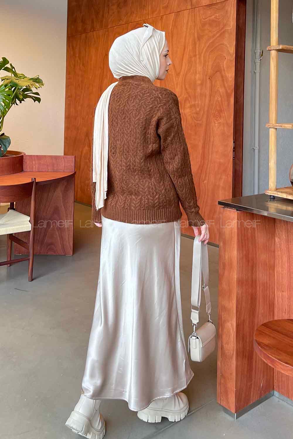 Lamelif Örgü Detaylı Hırka Acı Kahve