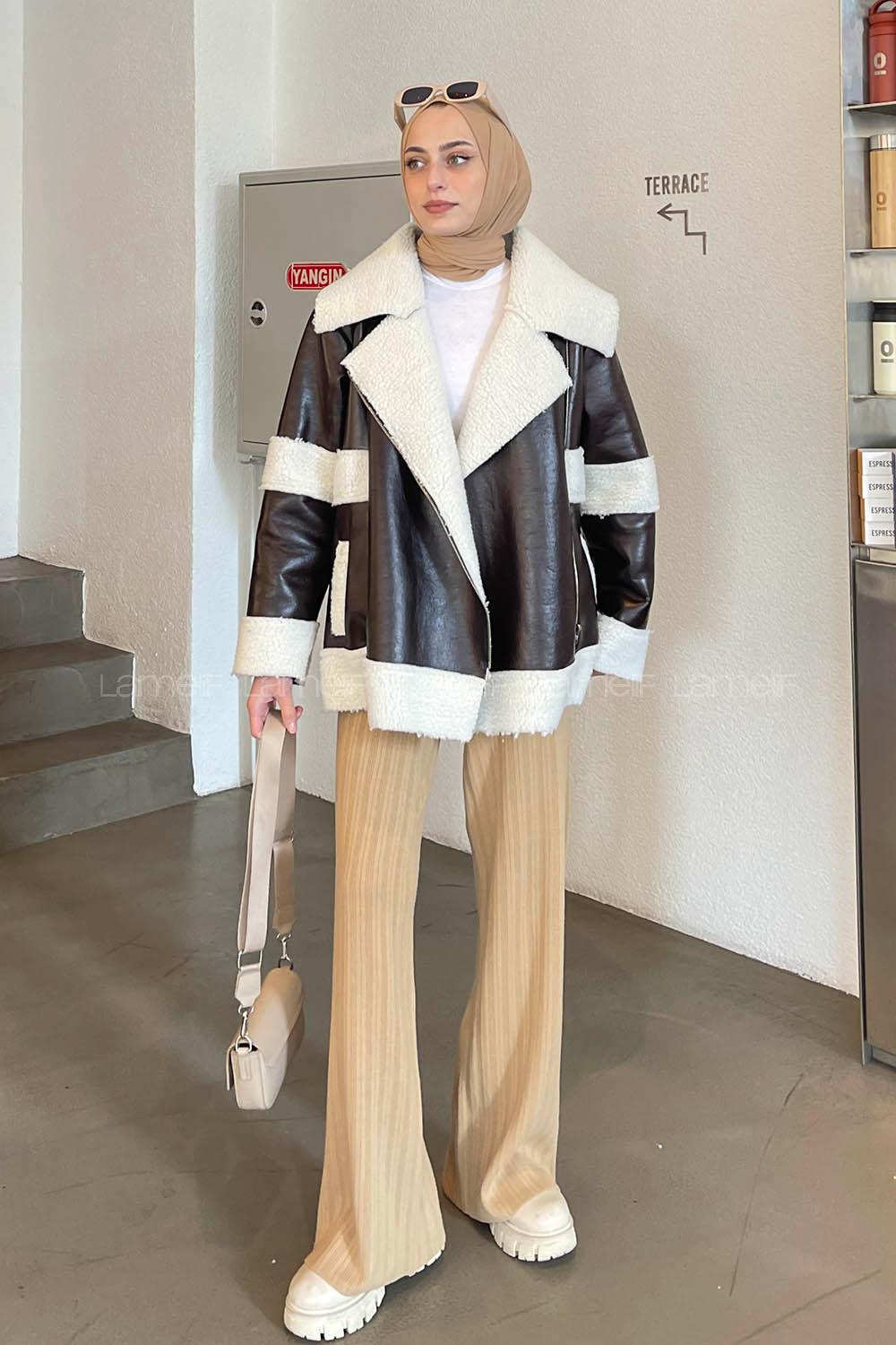 Brown Medium V Neck Long Arm Cotton Coat