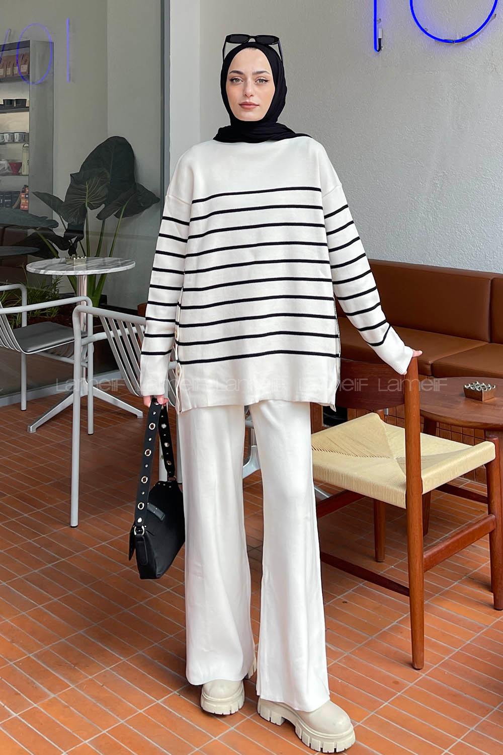 Lamelif Yan Düğme Detaylı Triko Kazak Ekru