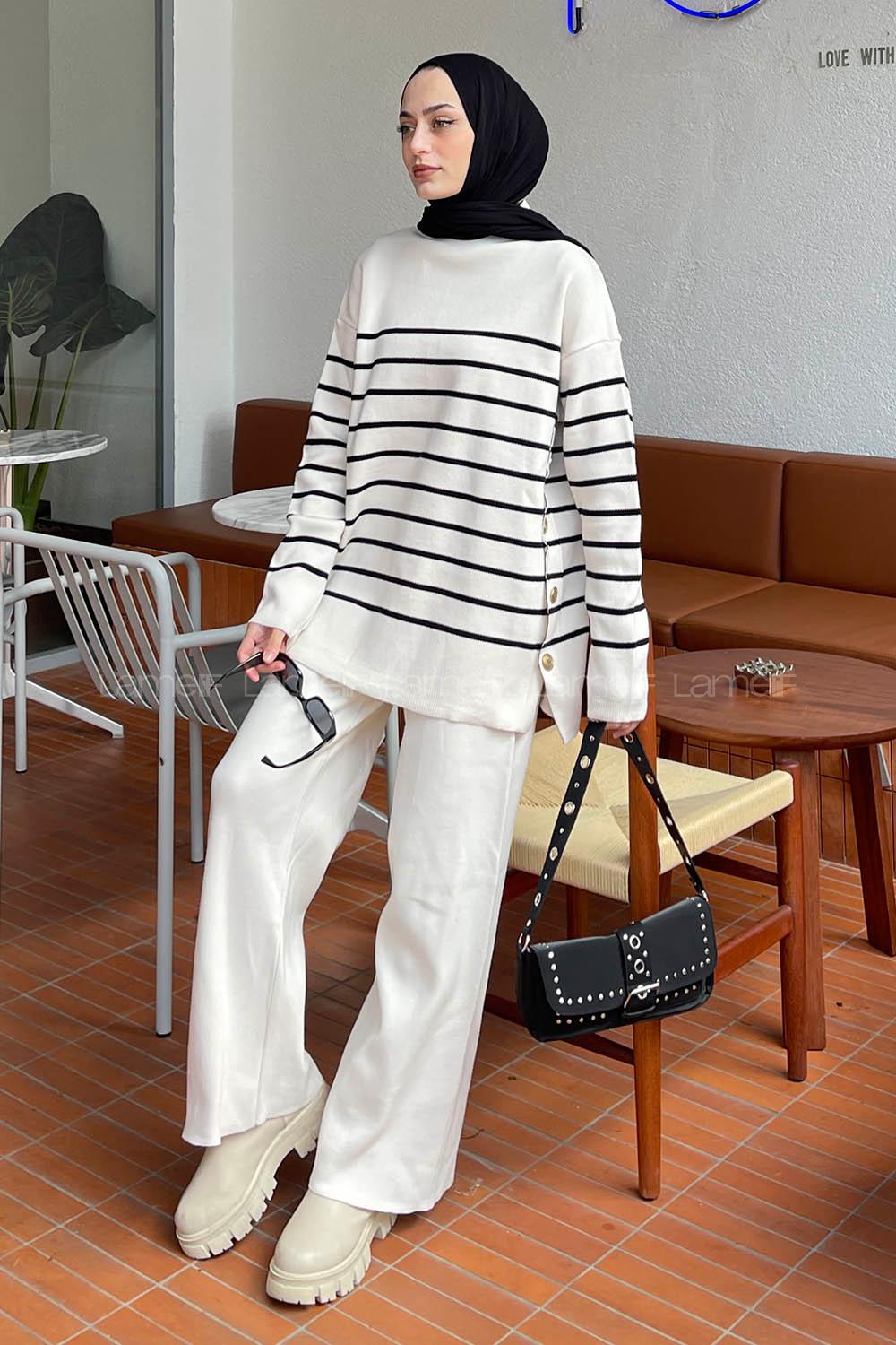 Lamelif Yan Düğme Detaylı Triko Kazak Ekru