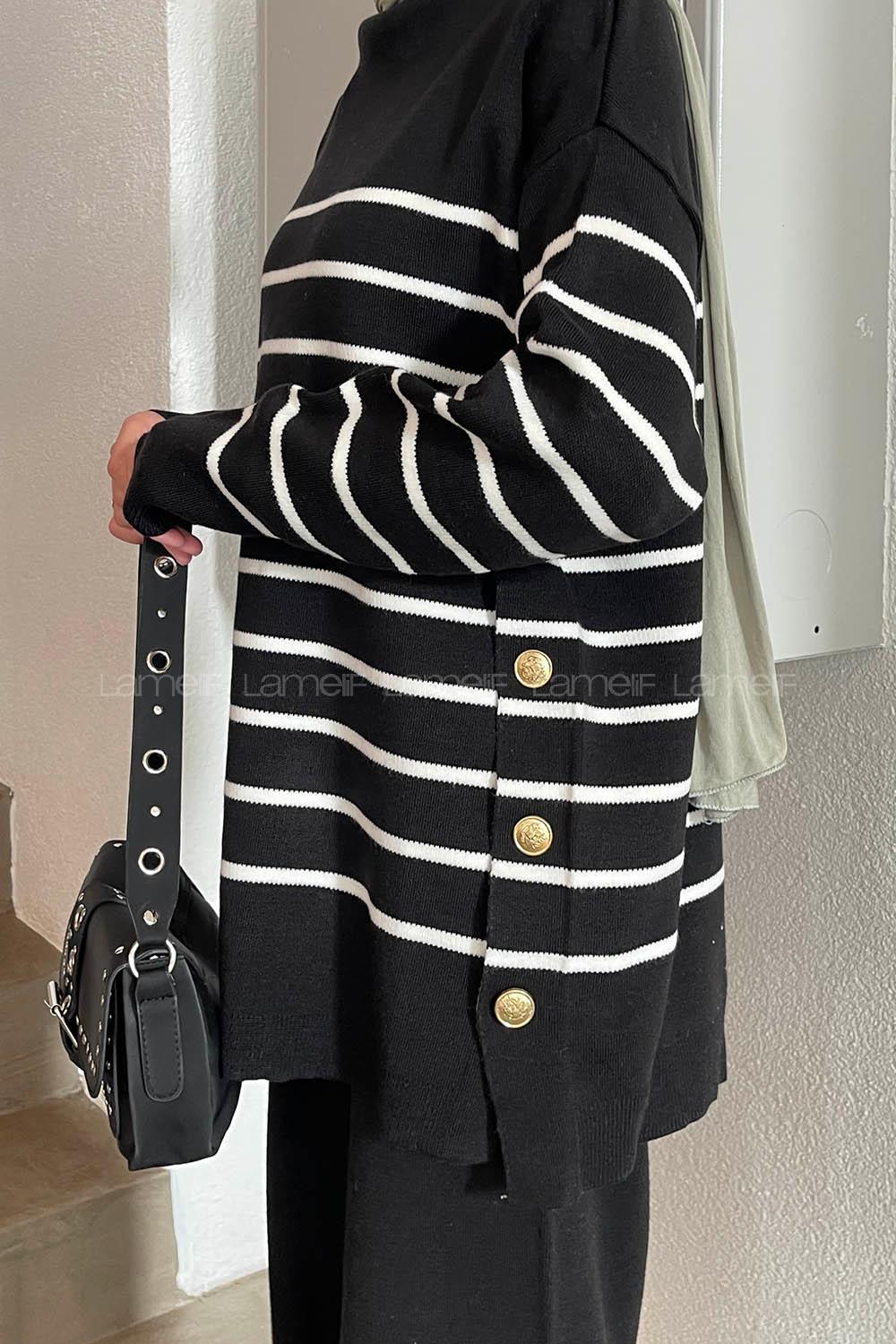 Lamelif Yan Düğme Detaylı Triko Kazak Siyah