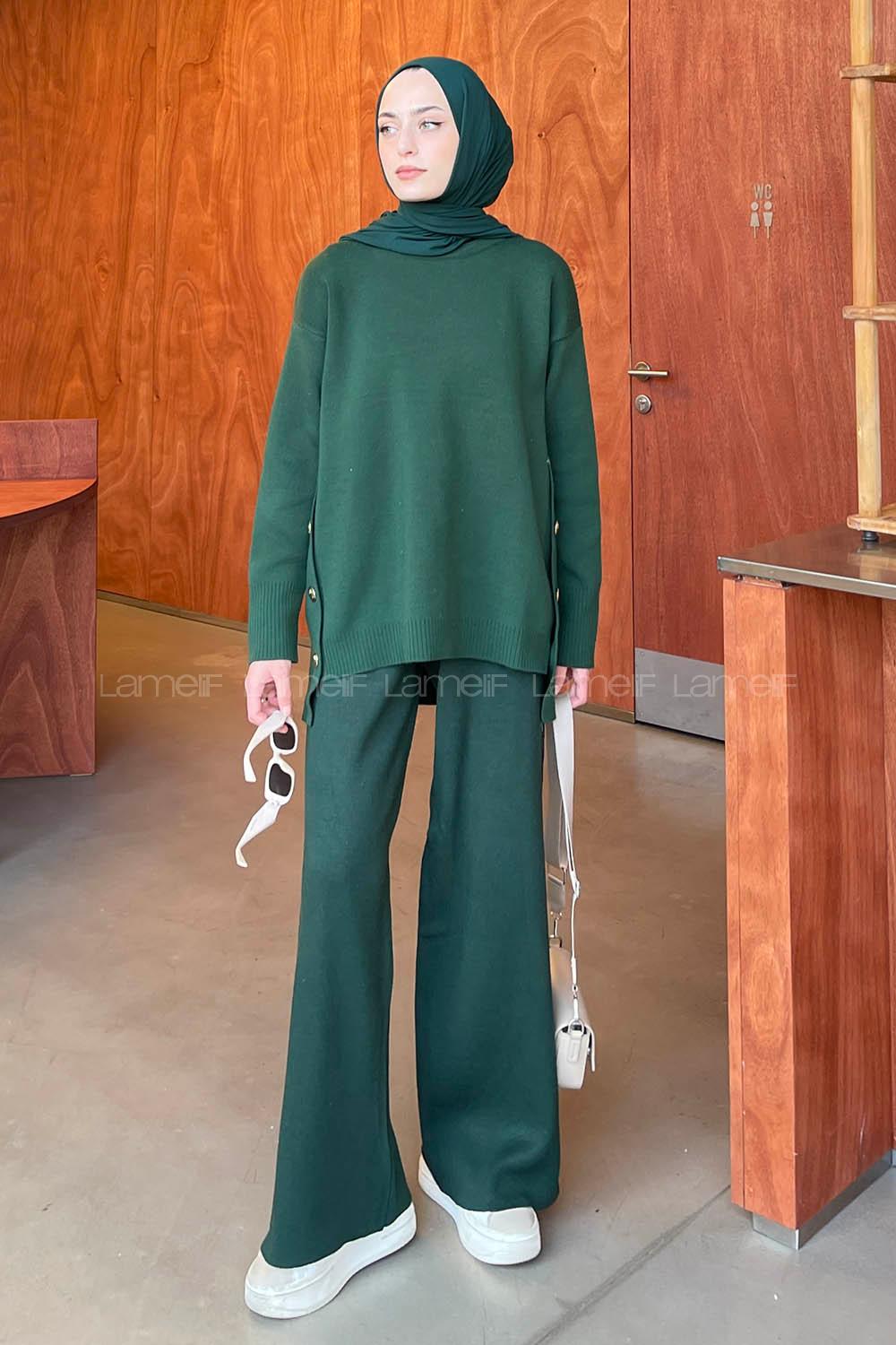 Emerald Green Crew Neck Long Arm Knitwear Comfortable Suit
