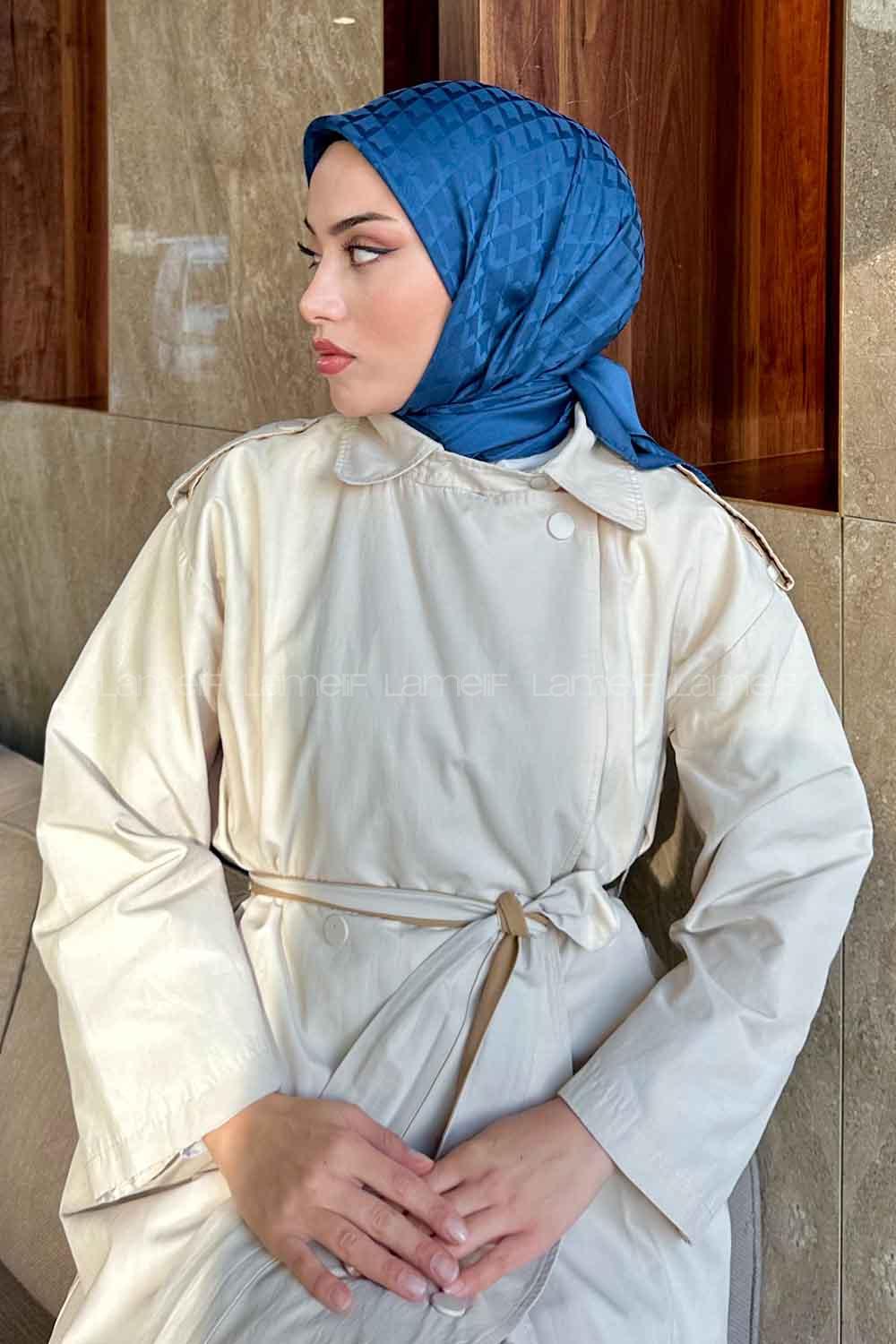 Lamelif Geometrik Desen Jakar Eşarp Gece Mavisi