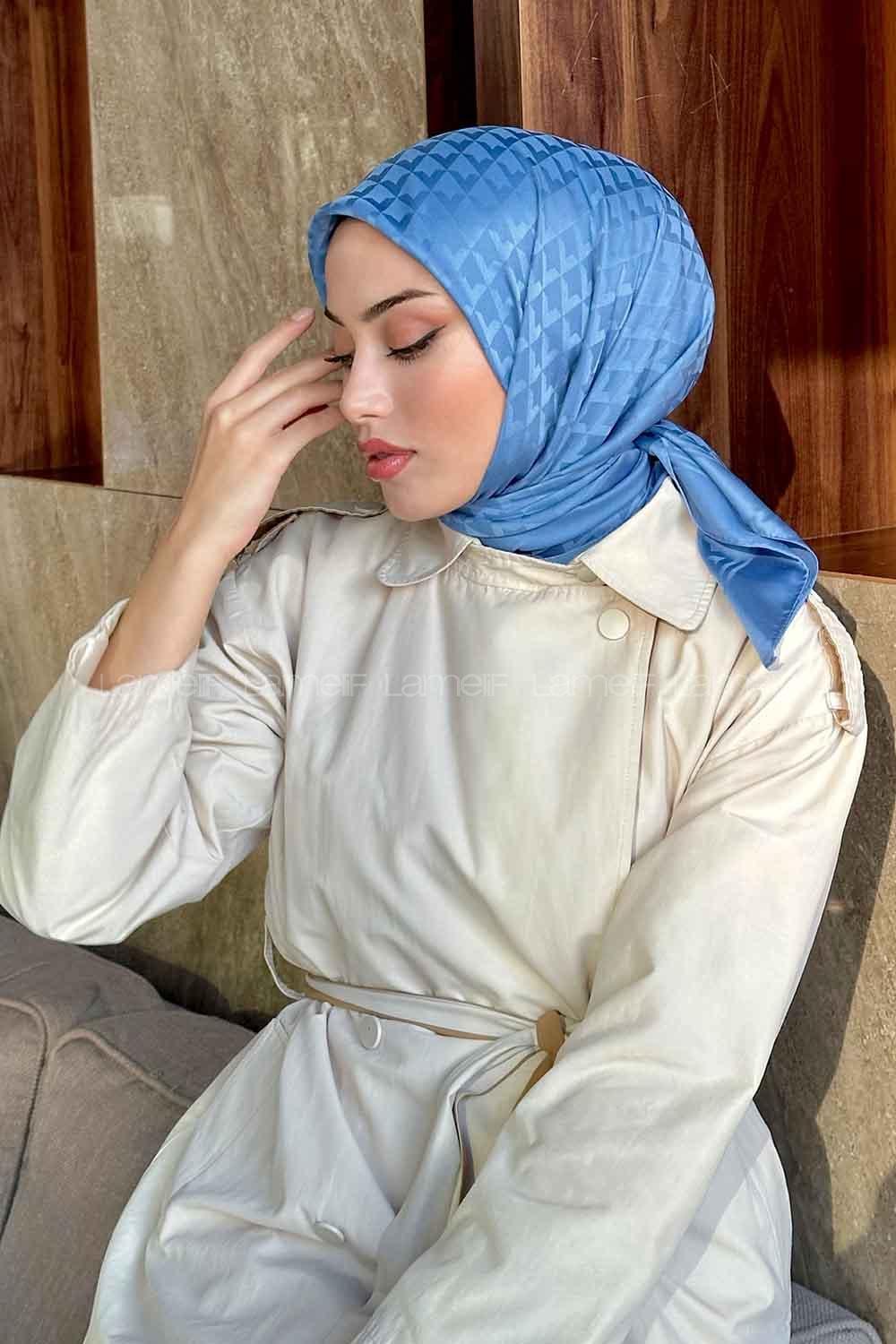 Lamelif Geometrik Desen Jakar Eşarp Kot Mavisi