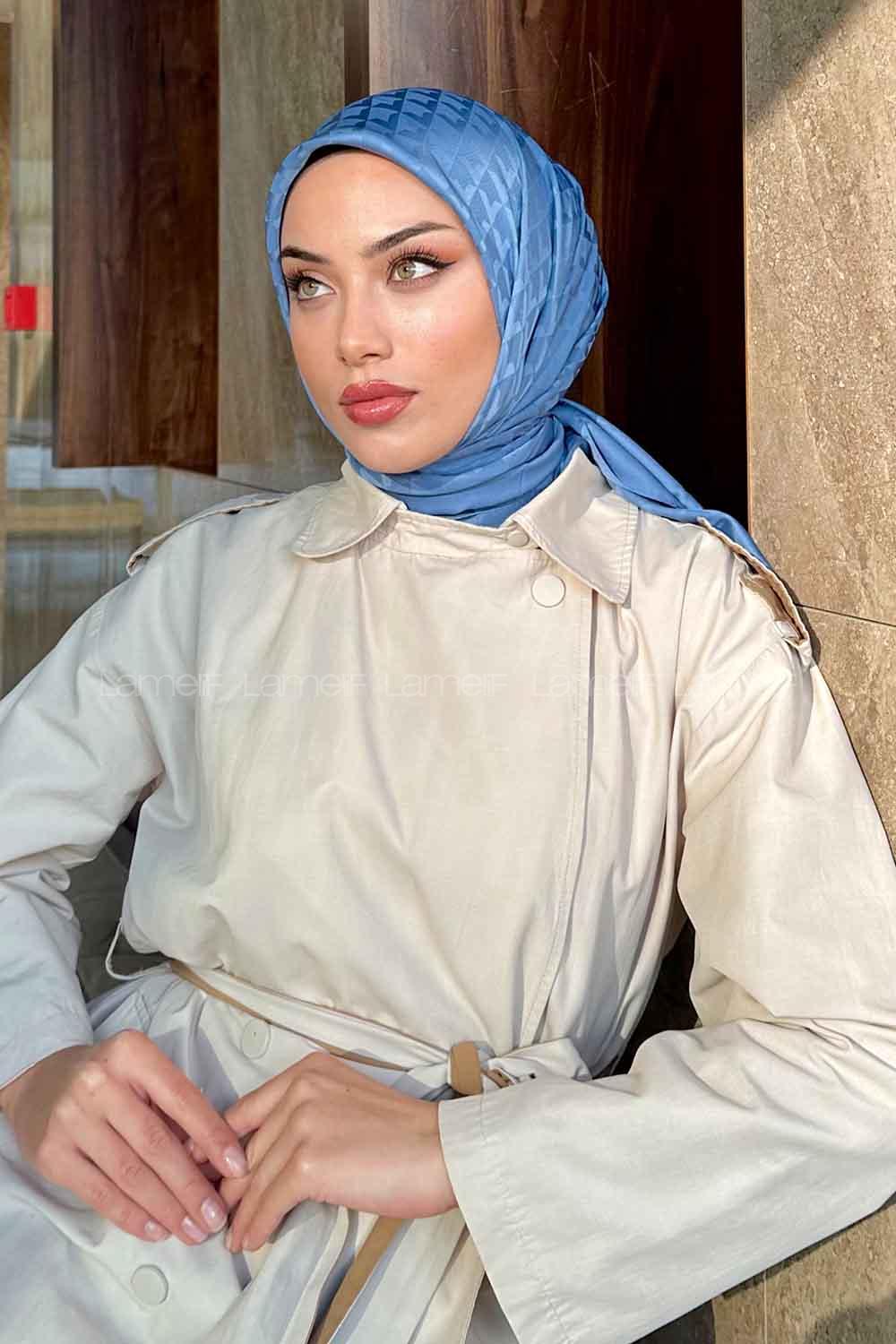 Lamelif Geometrik Desen Jakar Eşarp Kot Mavisi