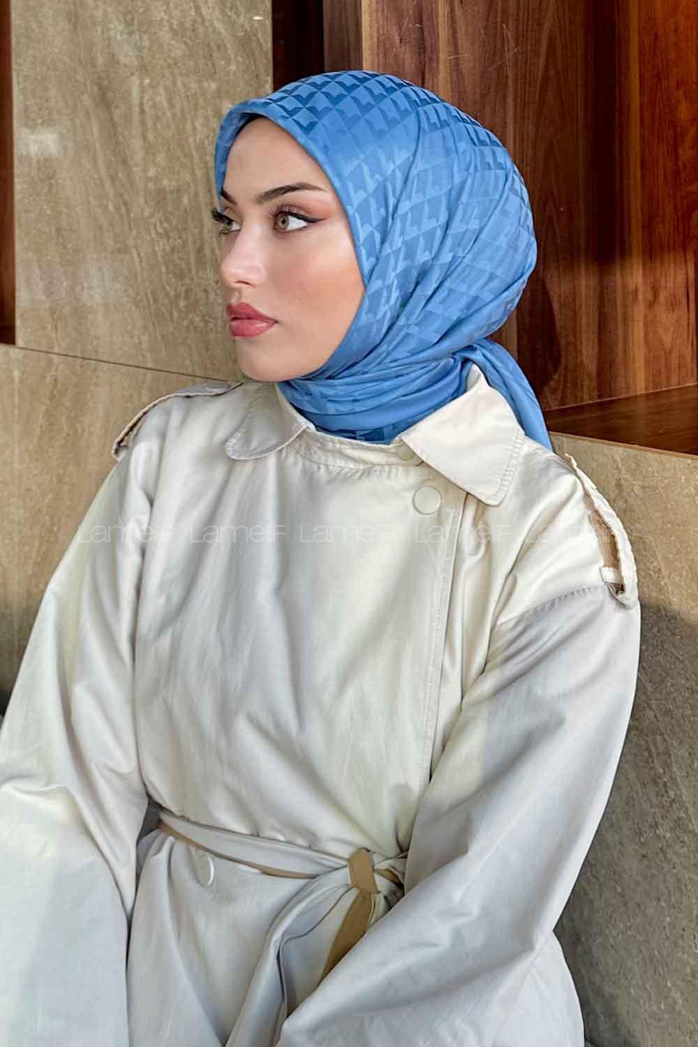 Lamelif Geometrik Desen Jakar Eşarp Kot Mavisi