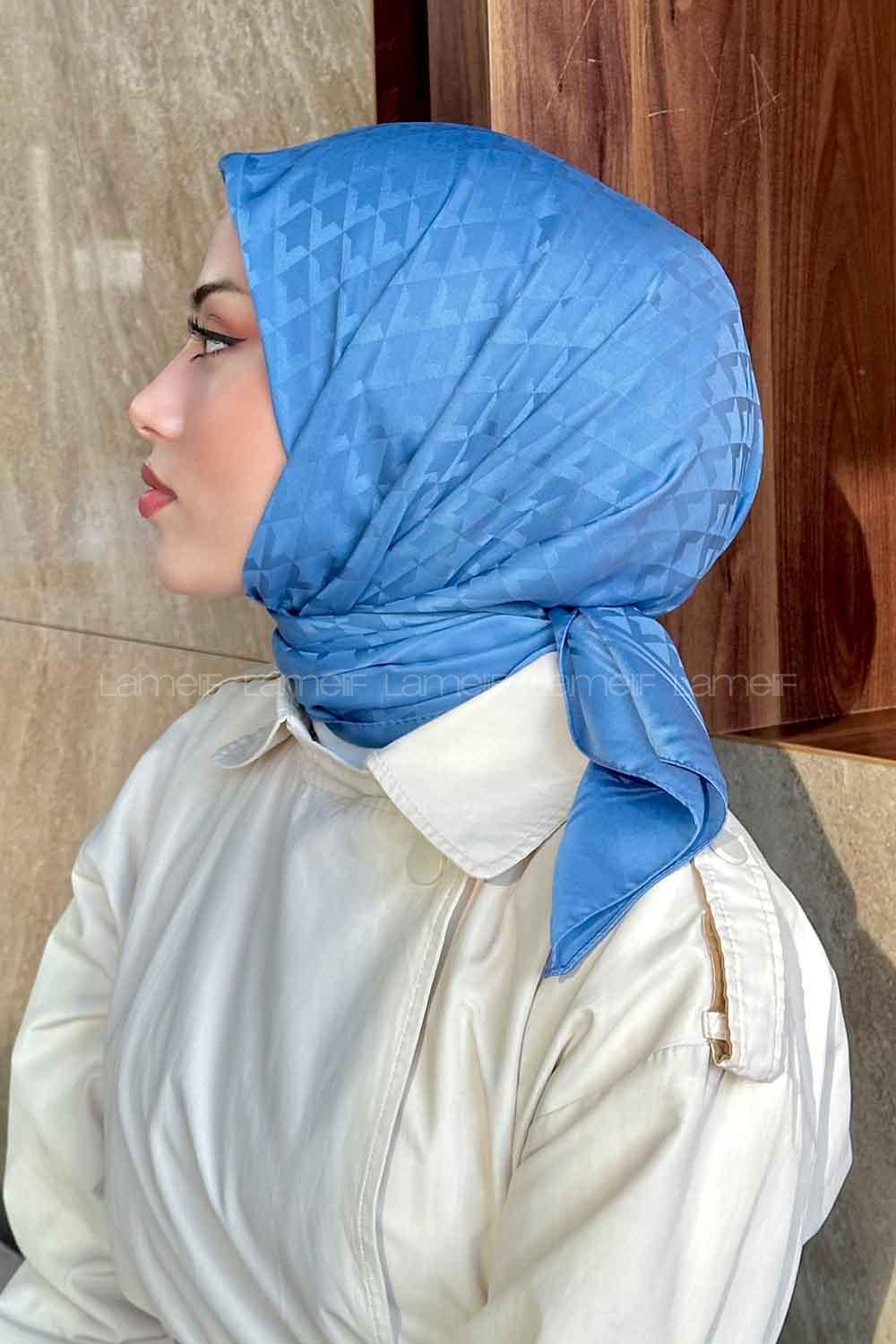 Lamelif Geometrik Desen Jakar Eşarp Kot Mavisi