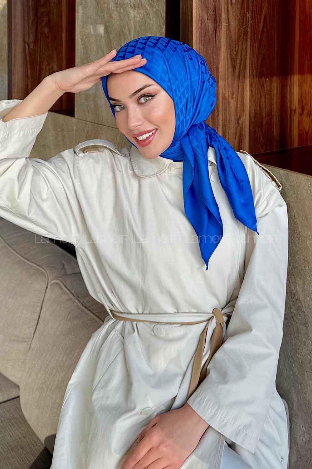 Lamelif Geometrik Desen Jakar Eşarp Saks Mavisi