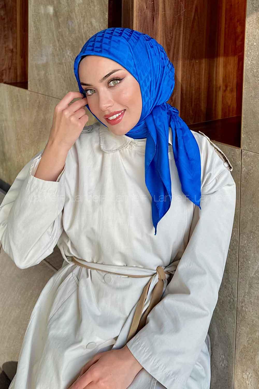 Lamelif Geometrik Desen Jakar Eşarp Saks Mavisi