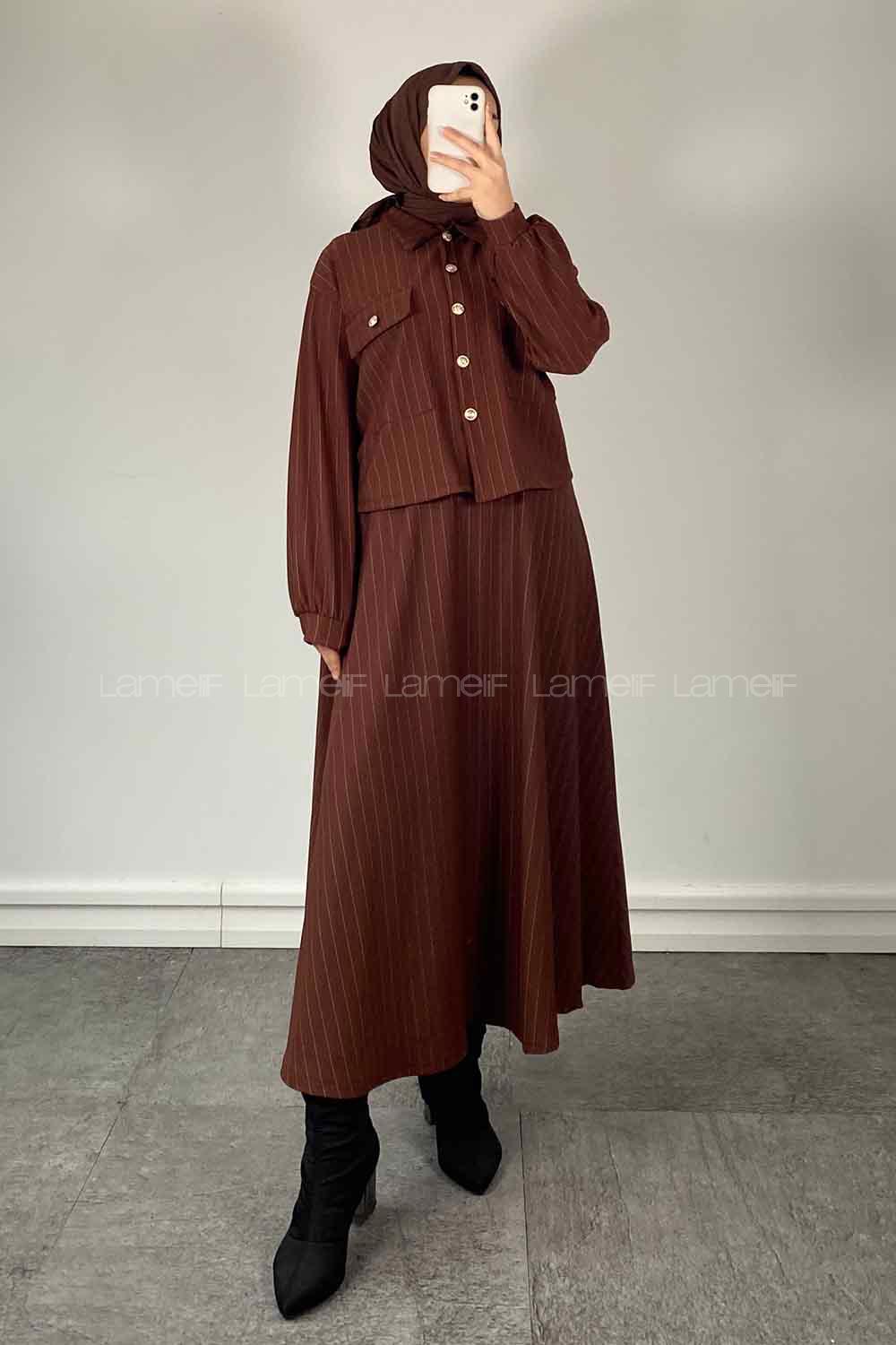 Bitter Brown Shirt Collar Long Arm Crepe Fabric Flare Suit
