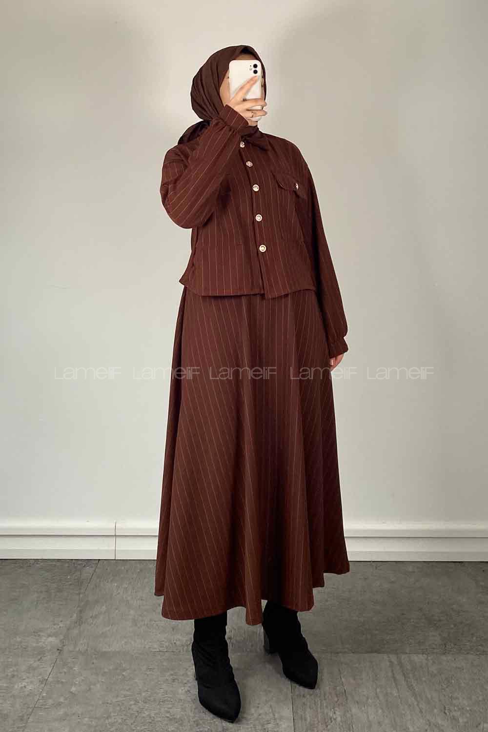 Bitter Brown Shirt Collar Long Arm Crepe Fabric Flare Suit