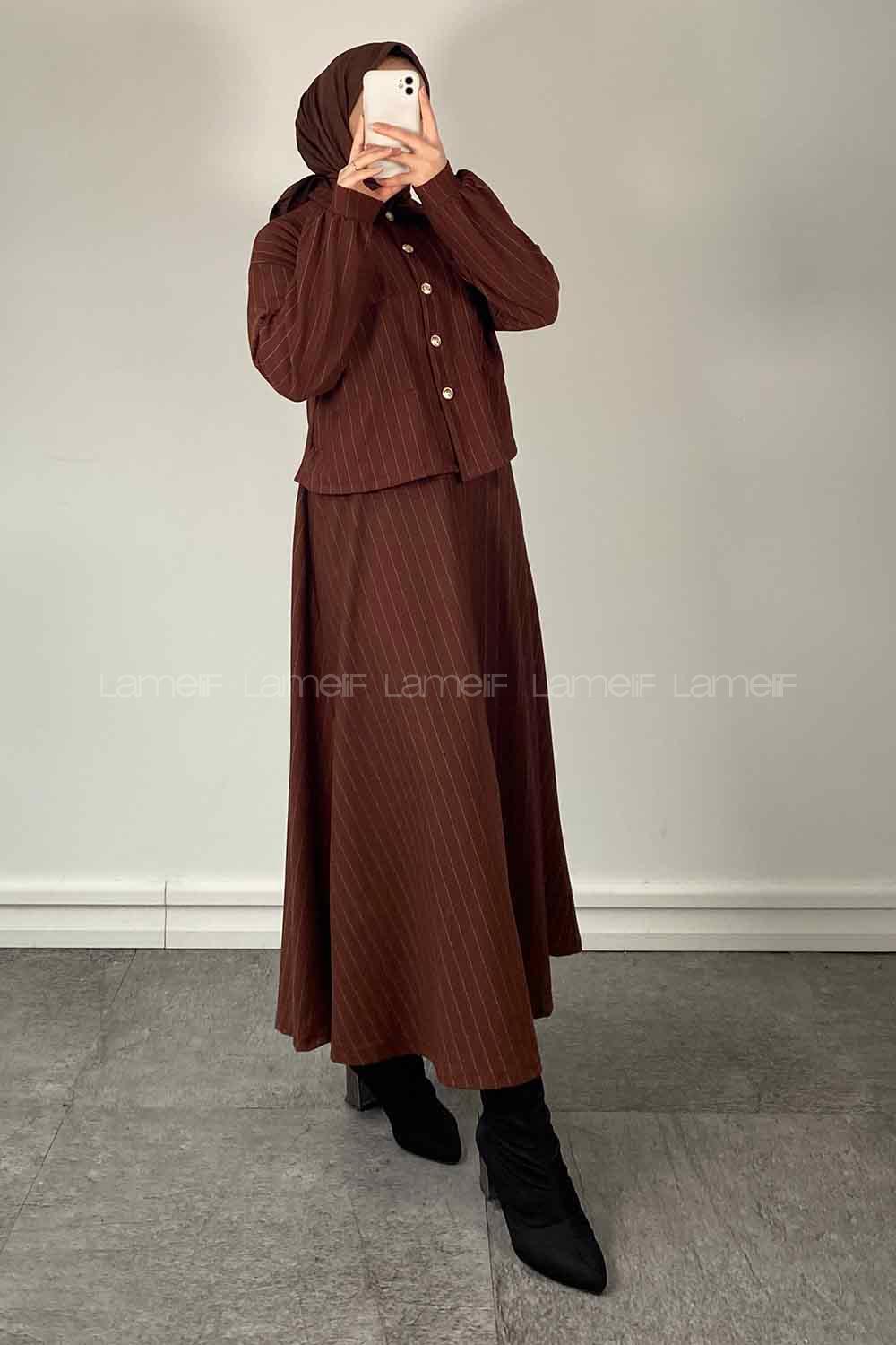 Bitter Brown Shirt Collar Long Arm Crepe Fabric Flare Suit