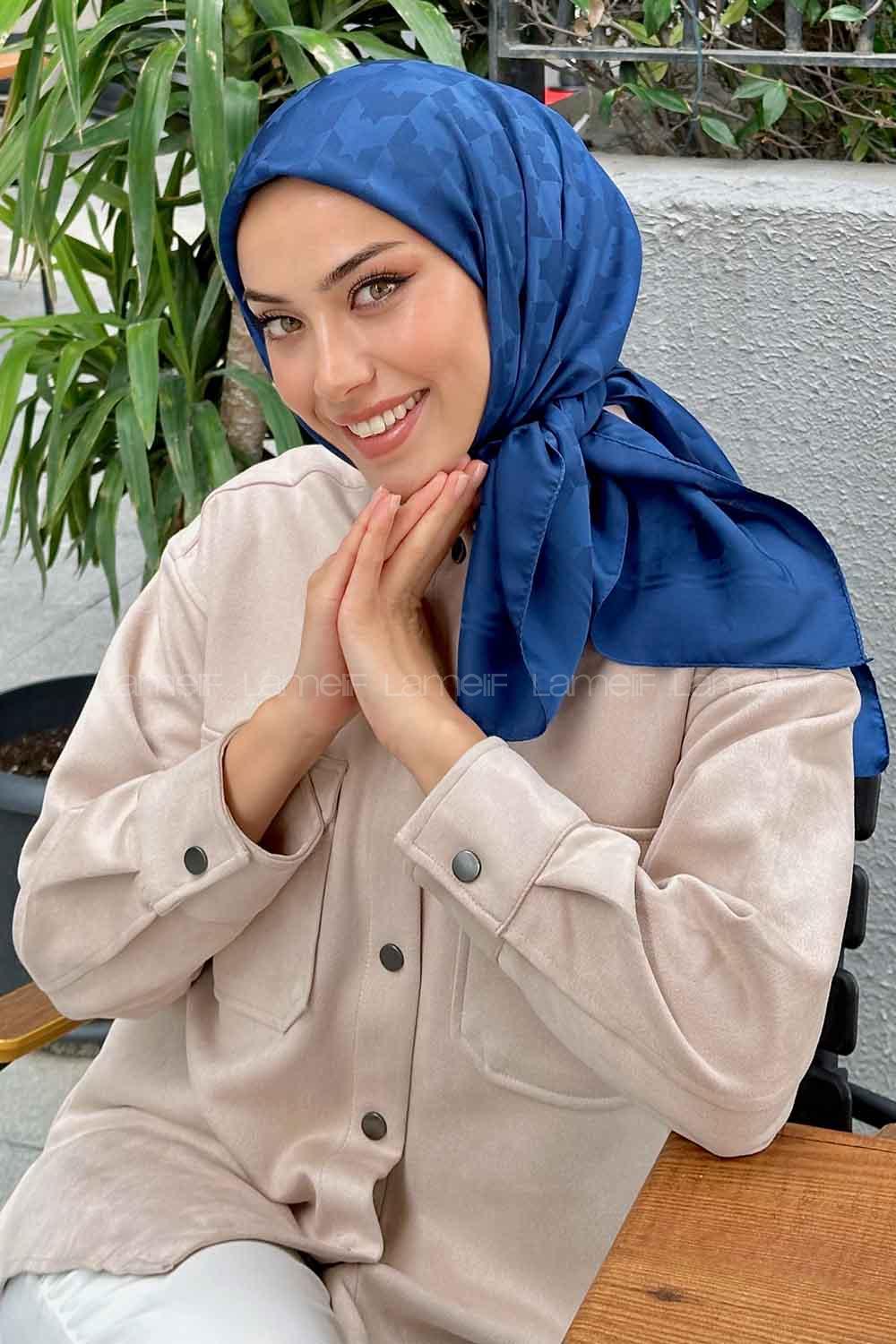 Lamelif Kazayağı Desen Jakar Eşarp Gece Mavisi