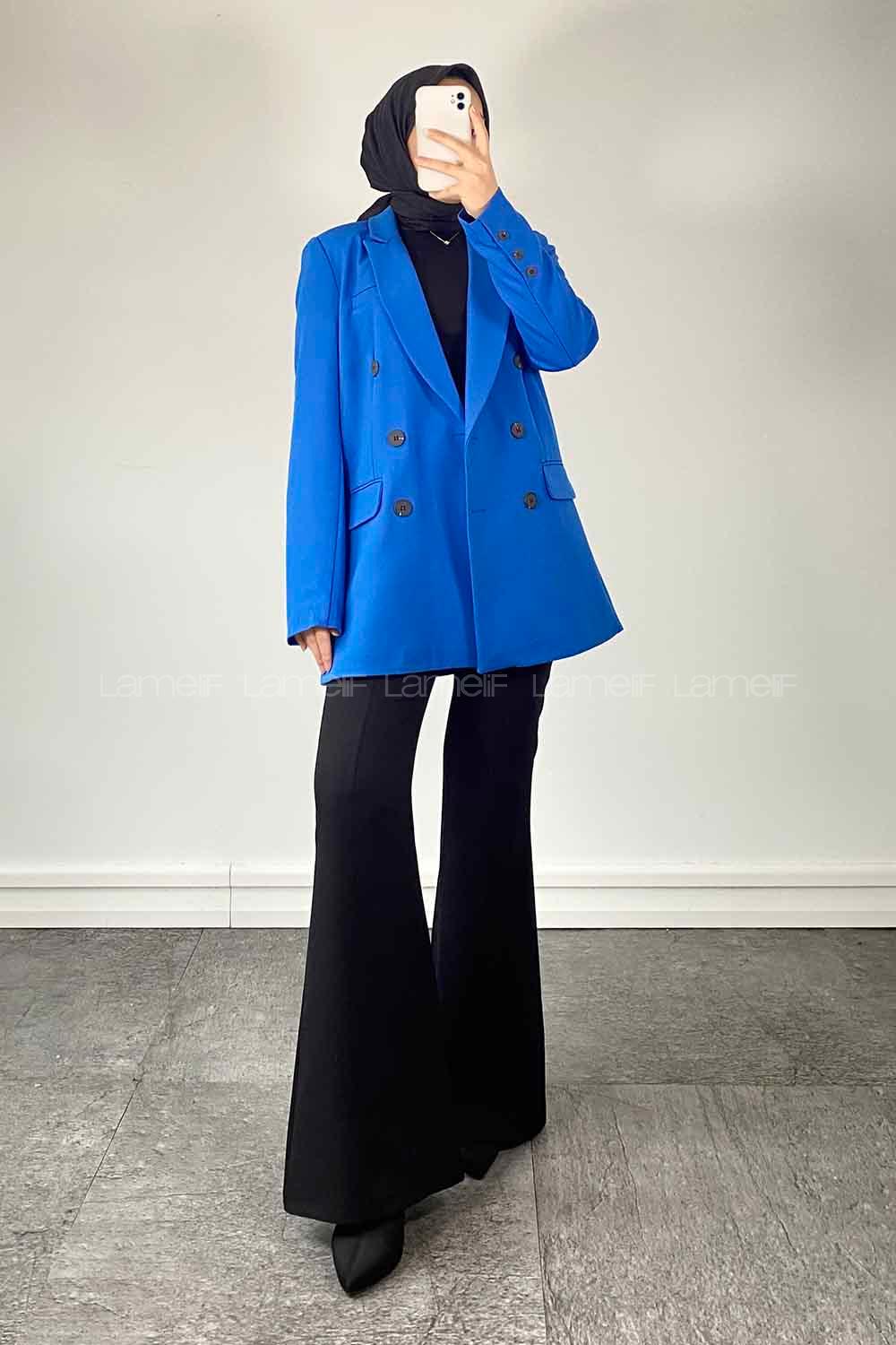 Blue V Neck Long Arm Poplin Fabric Jacket